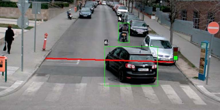 A car detected to go the wrong way in a one way street by video analytics